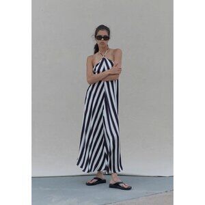 Birgette Herskind Thora A Line Halter Maxi Dress Black White Stripe Womens Size